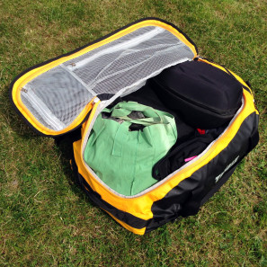 Thule_Chasm-Medium_water-resistant-convertible-duffel-bag_Zinnia-yellow_packed-open-top