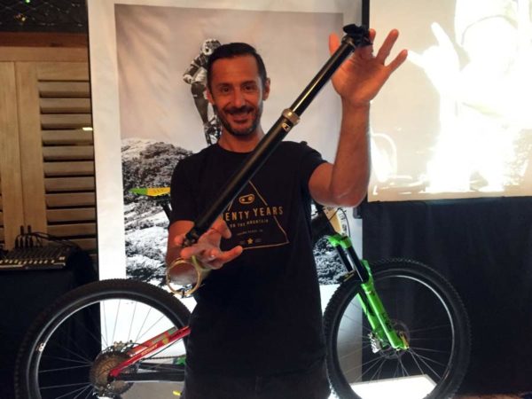 Cedric Gracia shows off his new 160mm travel Crank Brothers Highline dropper seatpost