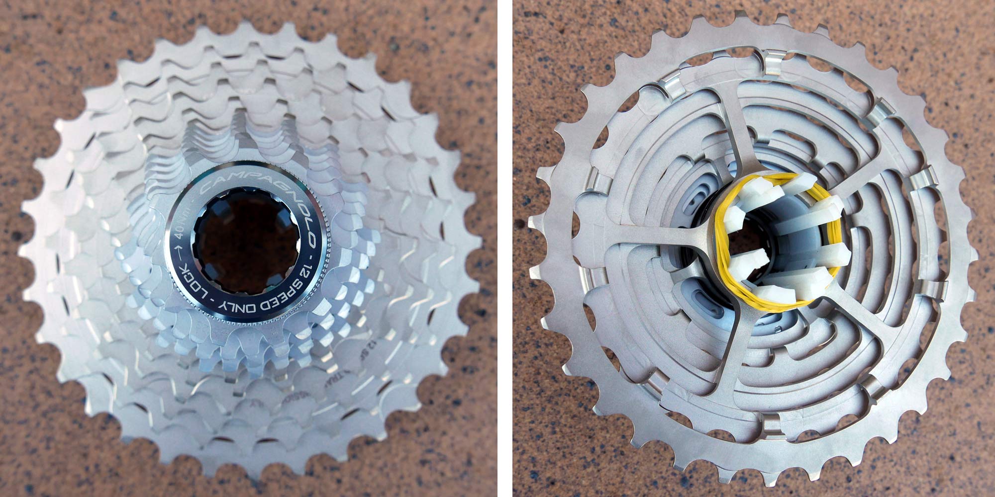 Campagnolo Record Movement 12 tightly-spaced steel 12-speed cassette road bike groupset twelve-speed front & back details
