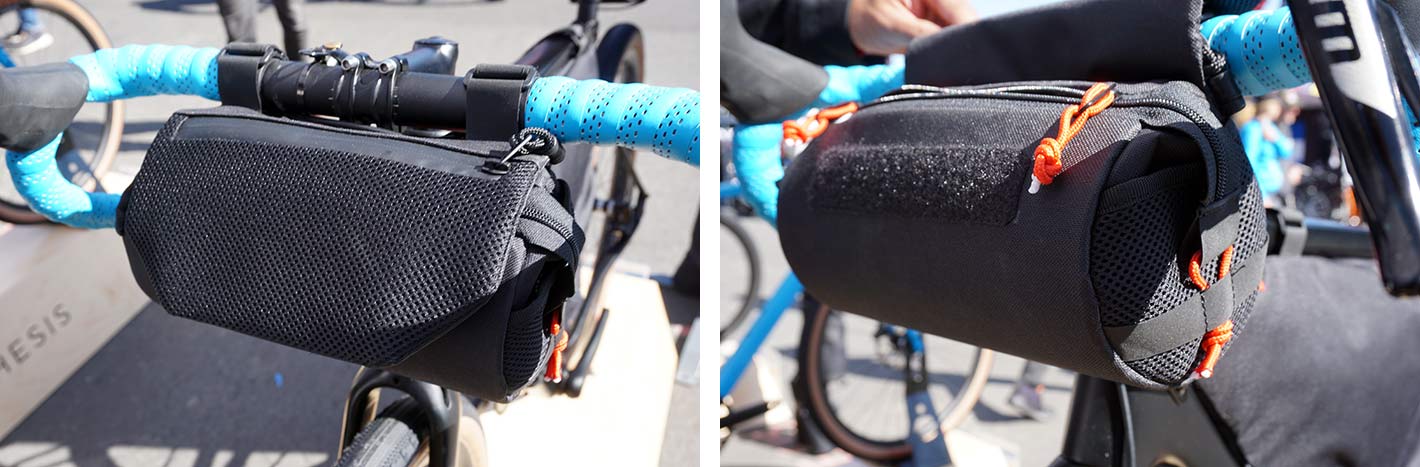prototype Post Carry frame bags with hidden water bottle compartments and clever zipper layout for bikepacking