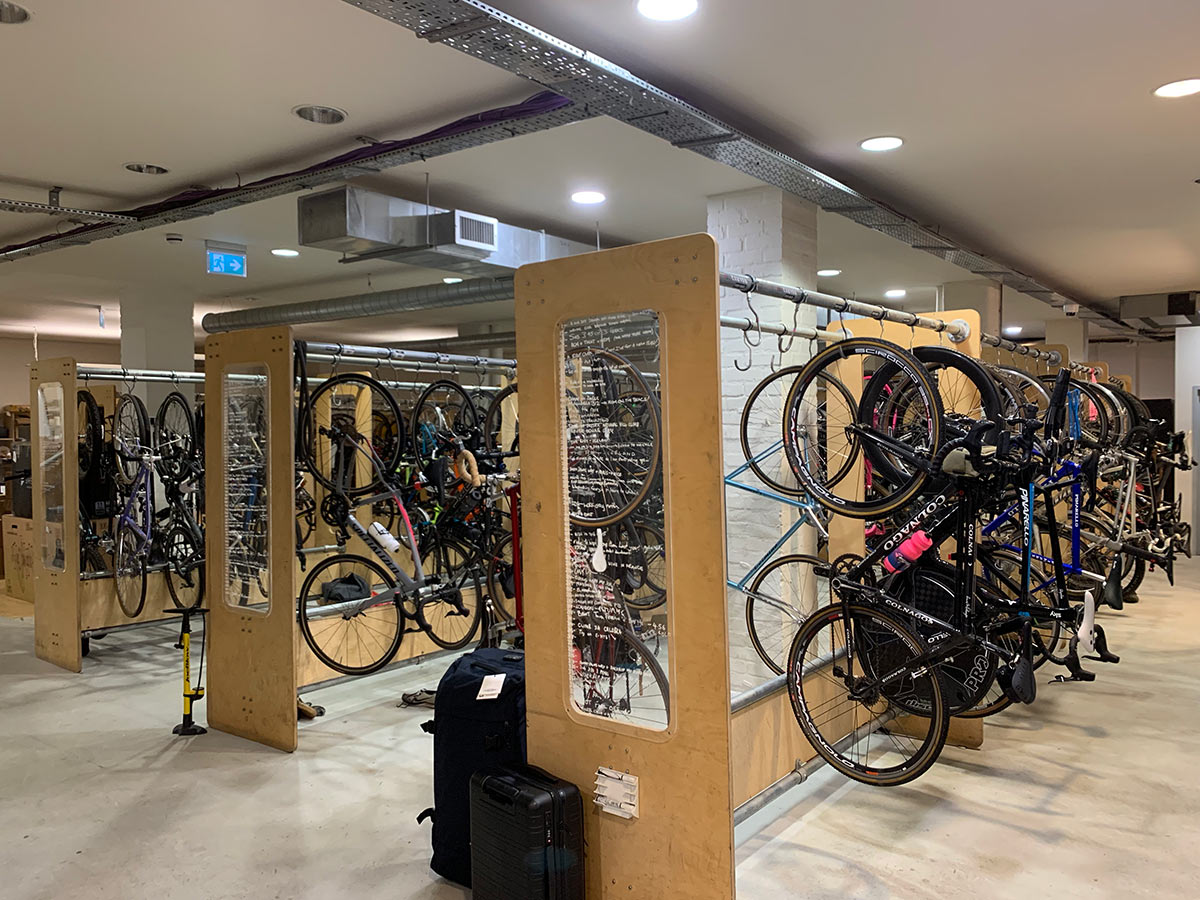 rapha employee bike parking inside their London headquarters and office