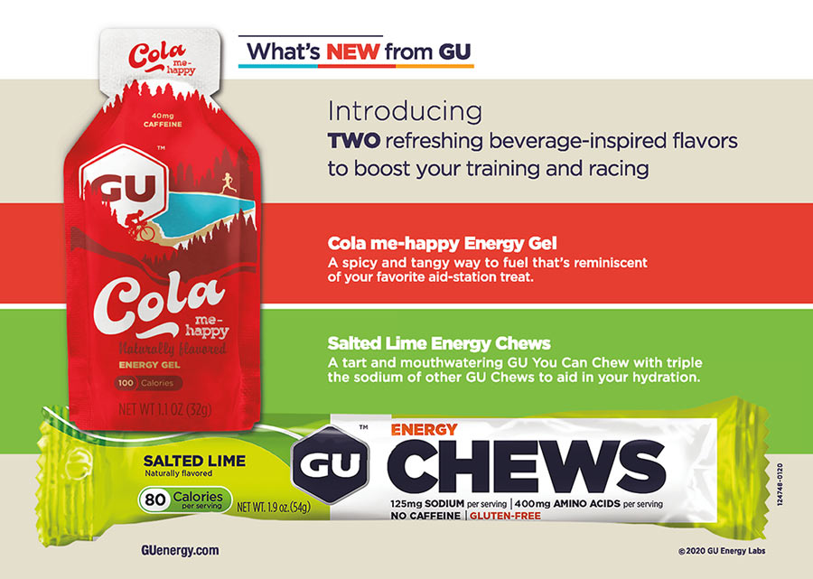 new flavors from GU for 2020 include Cola energy gel and salted lime chew blocks