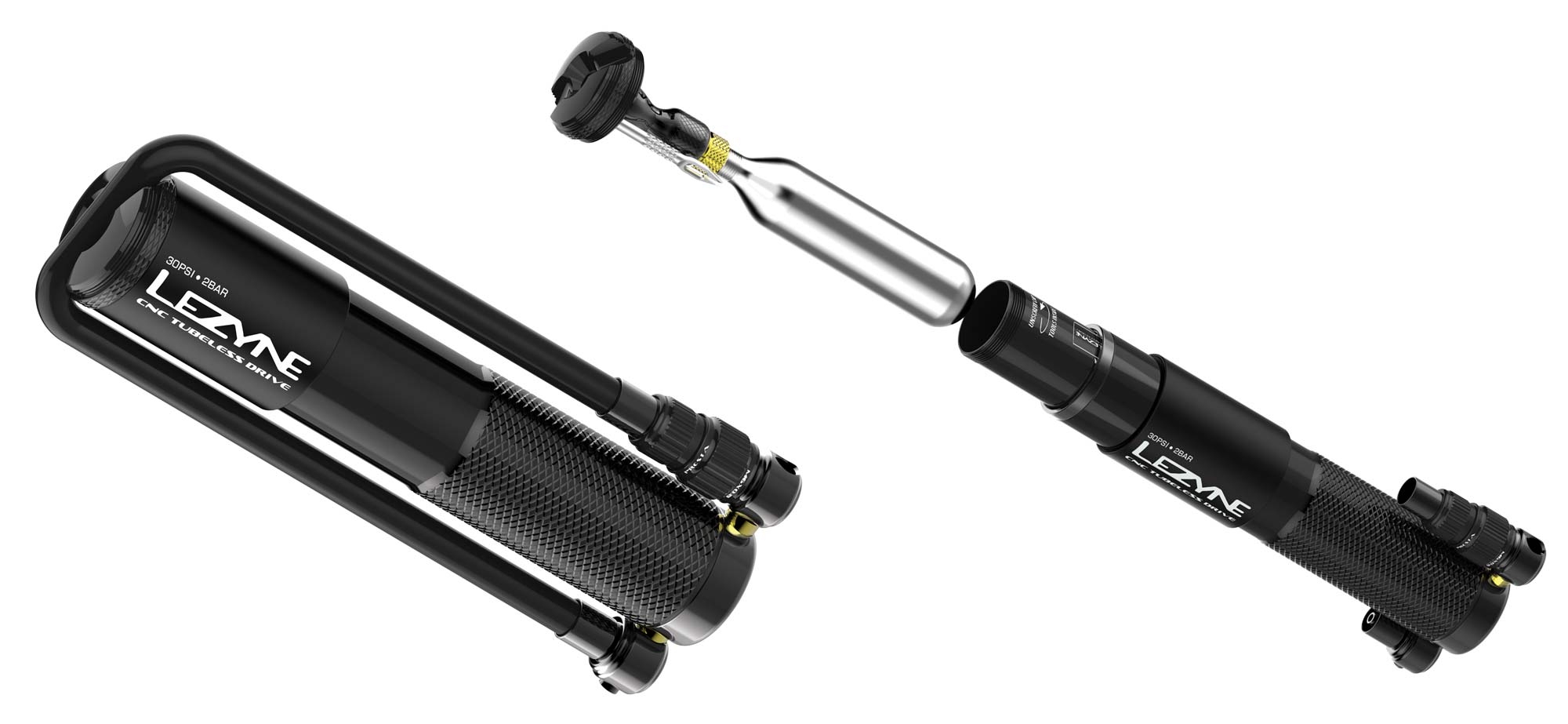 lezyne cnc tubeless drive mini pump with flat repair kit inside the handle