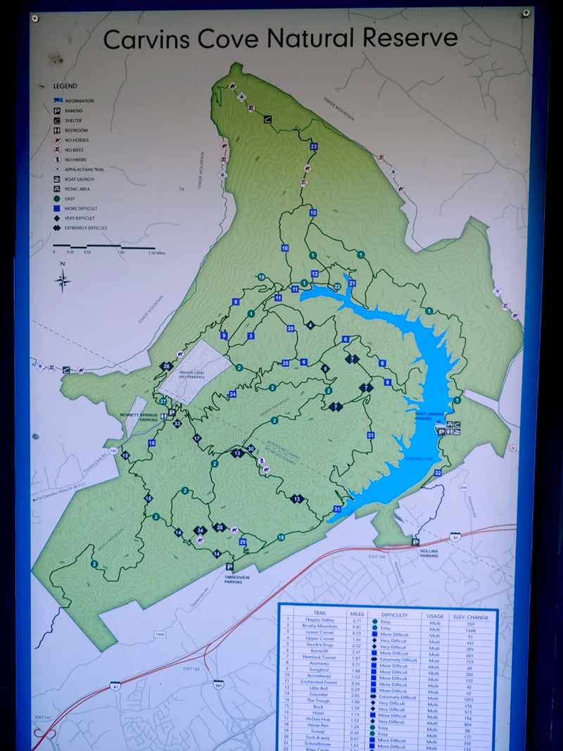 carvins cove mountain bike trail map sign
