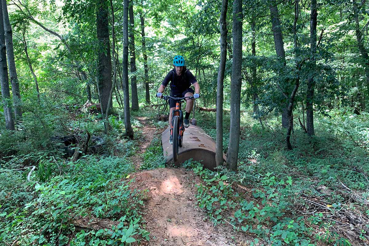 riding technical trail features at waid park mountain bike trails