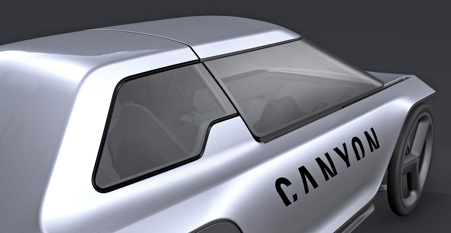 Canyon Future Mobility Concept, electric-assist commuter pedal car, prototype micro car, rendering closed lid