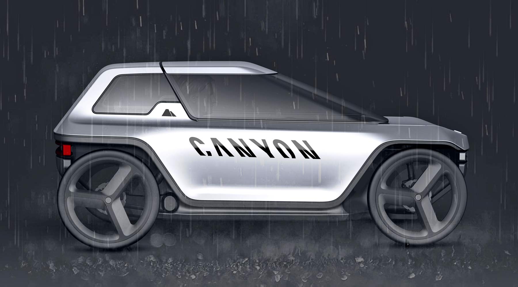 Canyon Future Mobility Concept, electric-assist commuter pedal car, prototype micro car, rendering in the rain