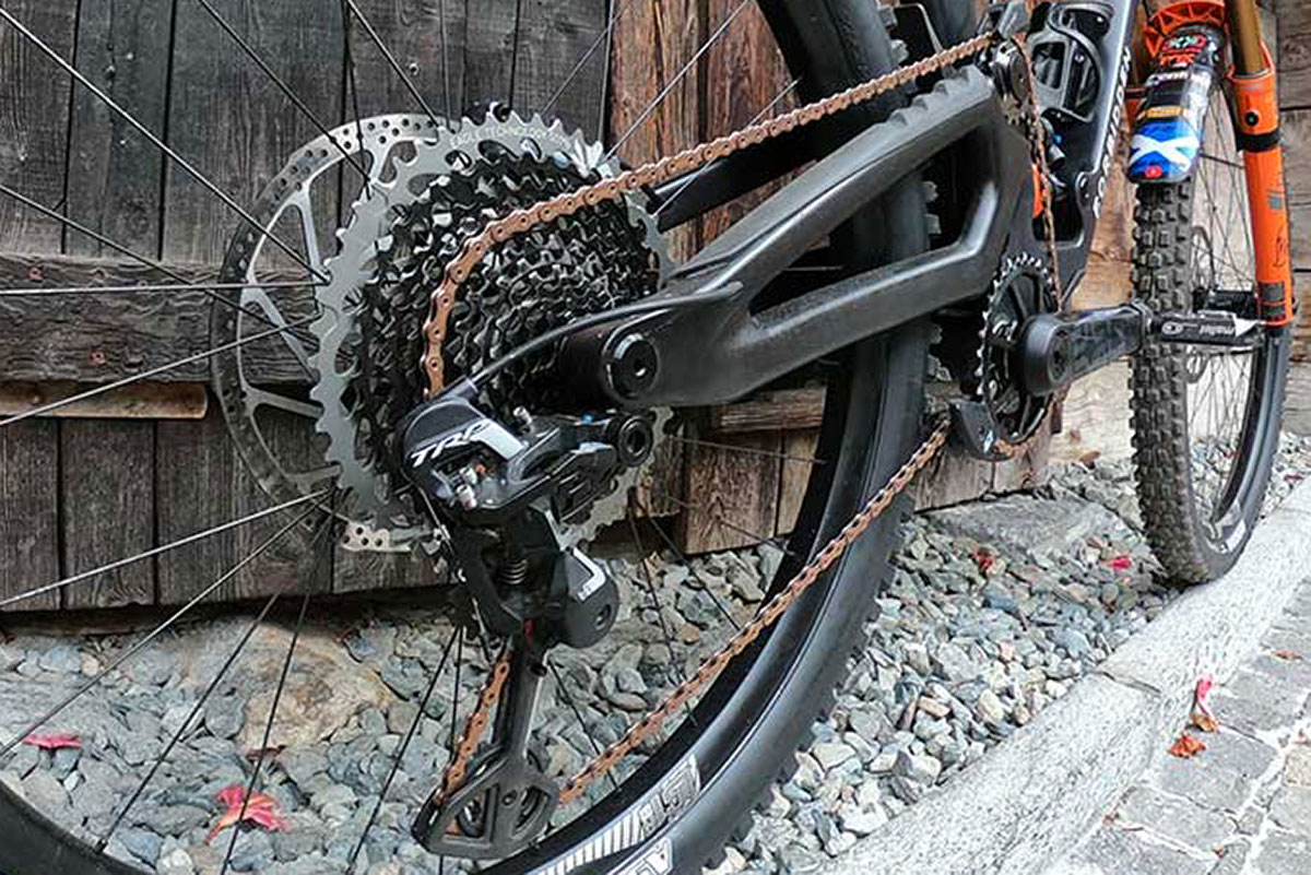 trp tr12 speed derailleur on new long travel forbidden enduro bike at ews zermatt