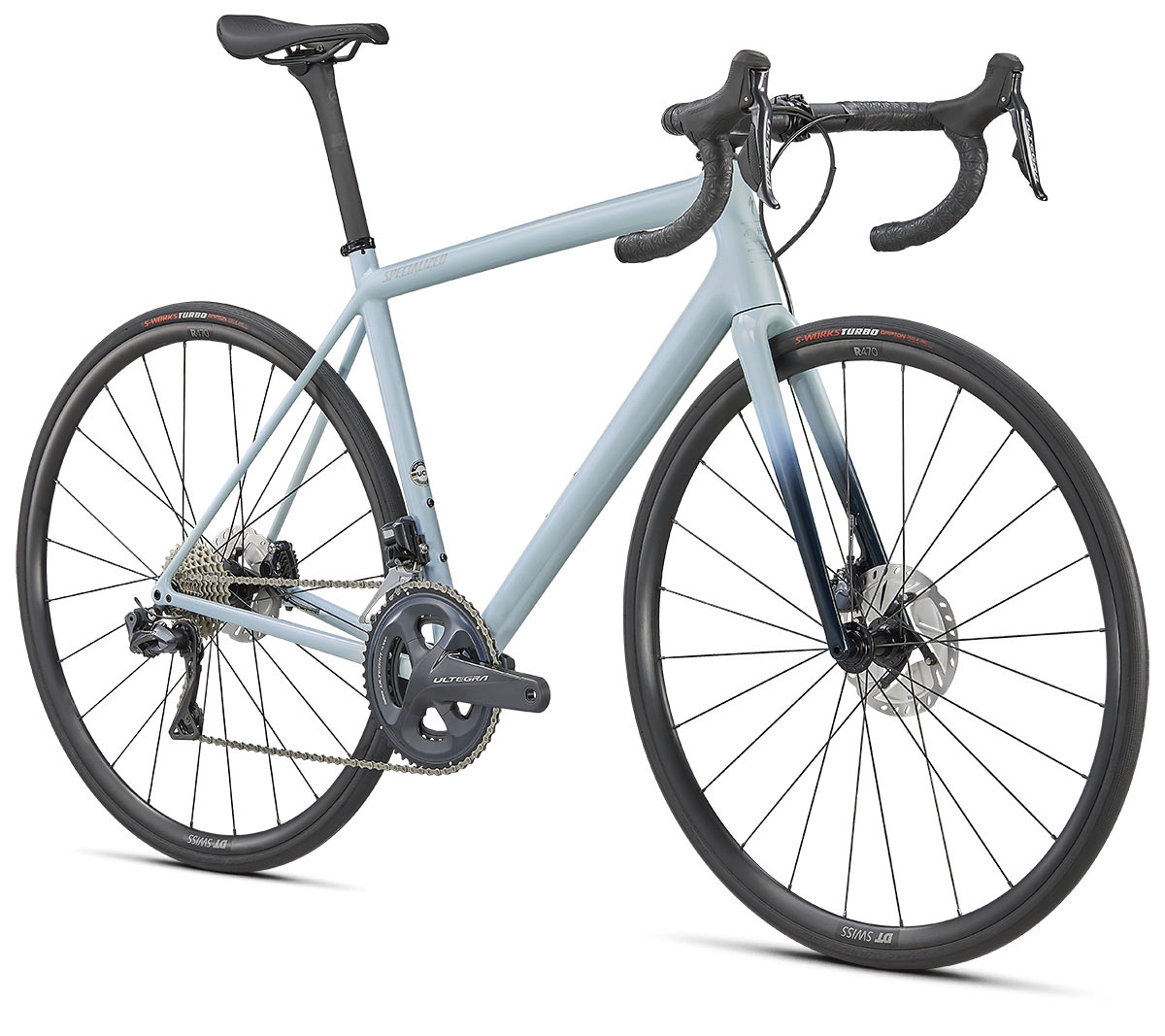 new specialized aethos lightweight carbon road bike in expert build trim and ice blue fade paint scheme