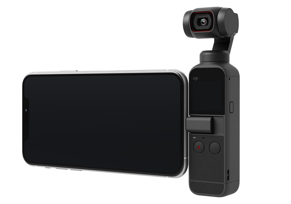 dji pocket 2 gimbal cam with smartphone attached as a second screen