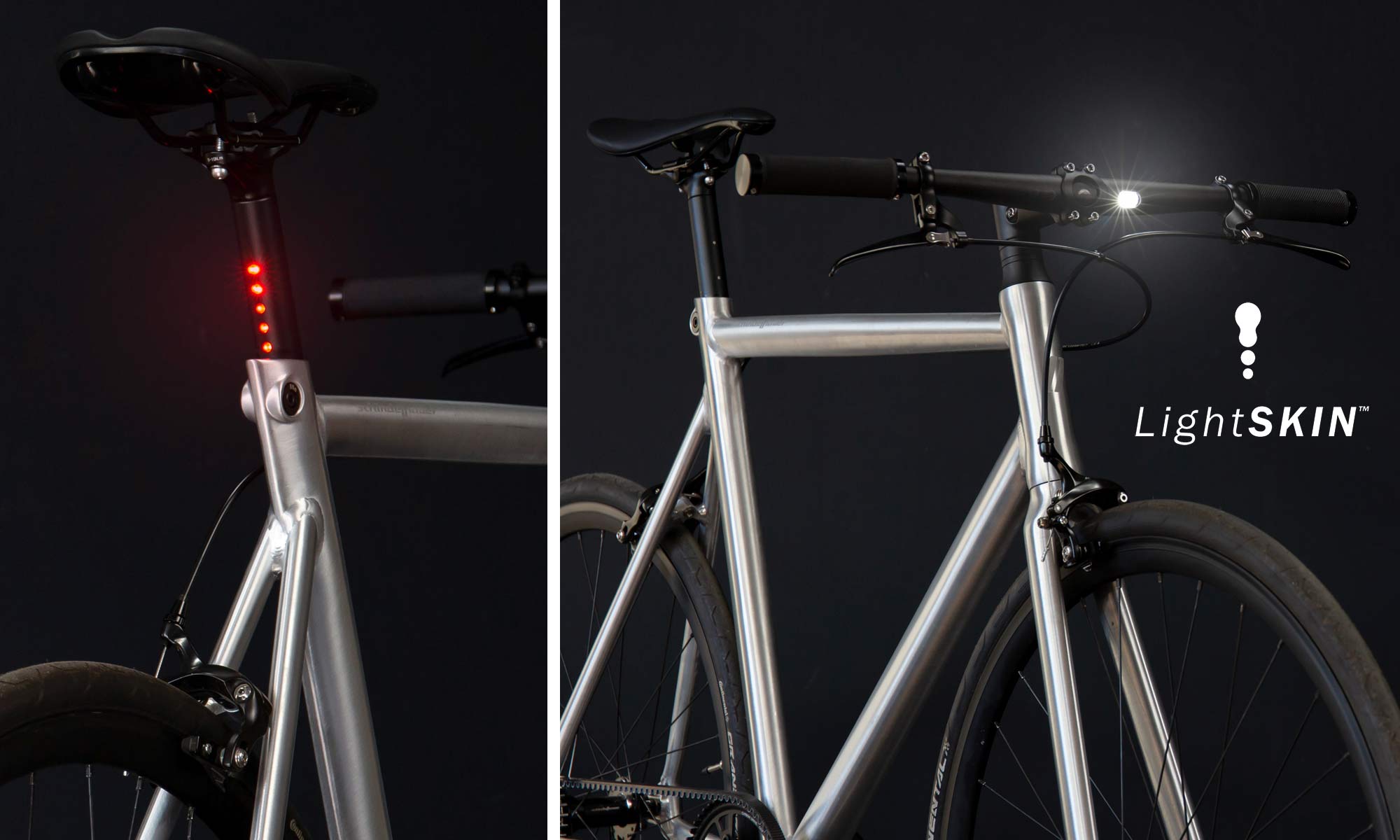 LightSKIN integrated commuter bike headlight taillight, StVZO-certified hidden internal LED seatpost handlebar lighting, Schindelhauer