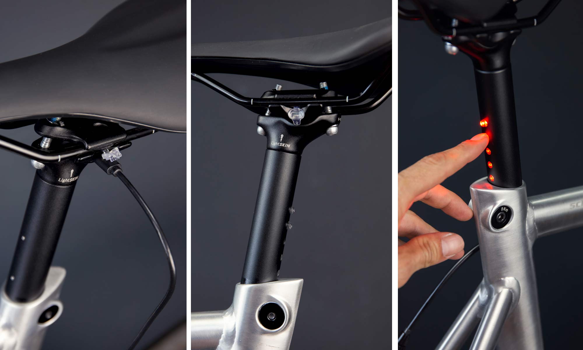 LightSKIN integrated commuter bike headlight taillight, StVZO-certified hidden internal LED seatpost handlebar lighting, post details