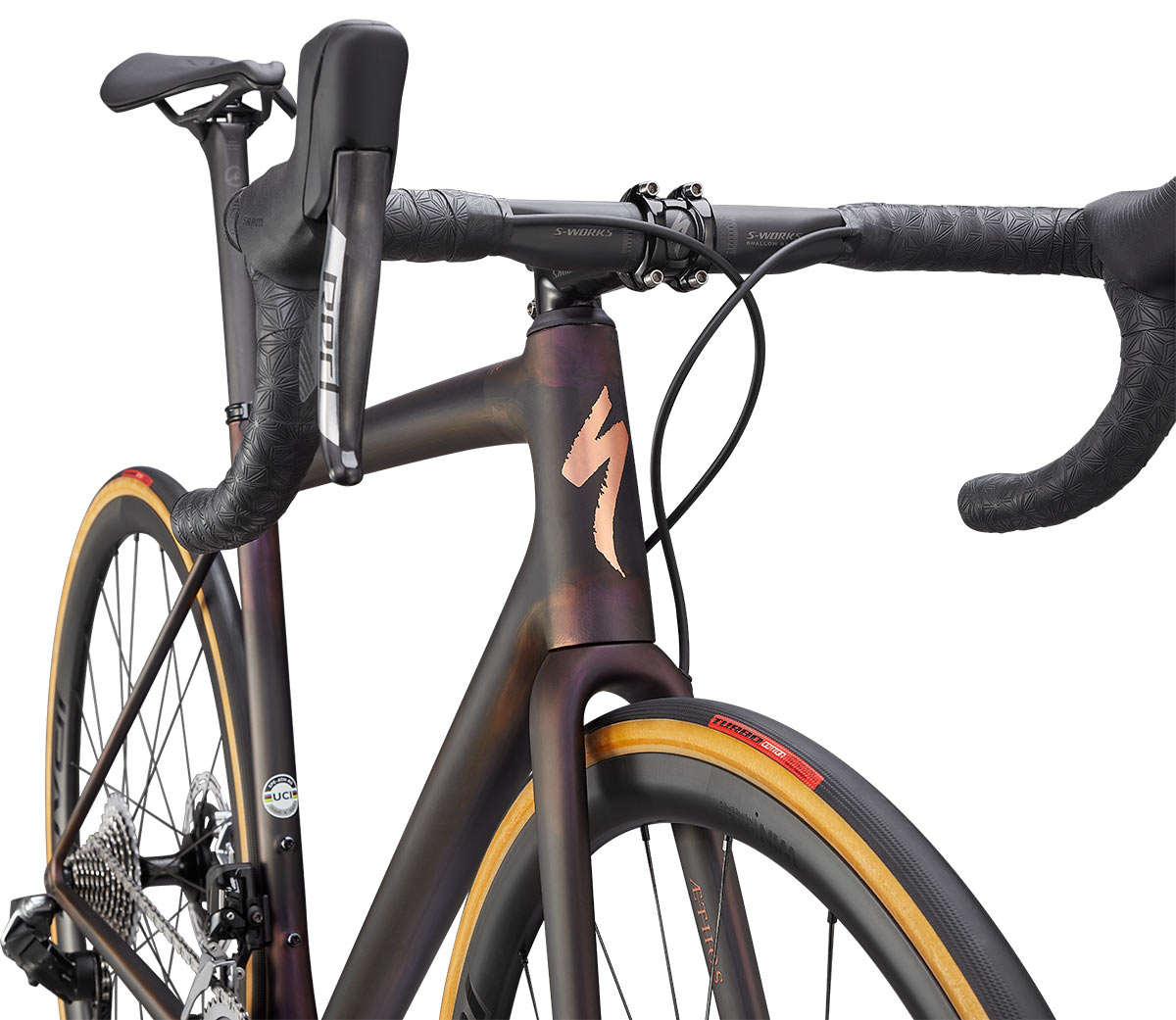 specialized aethos s-works road bike closeup on paint scheme at head tub e
