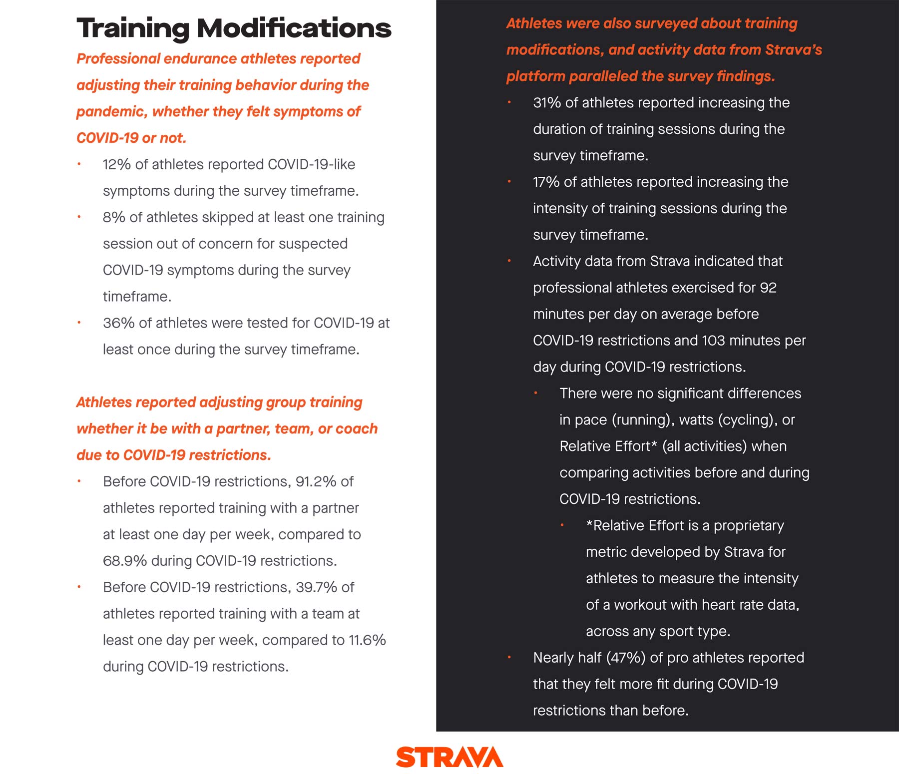 Strava + Stanford professional athlete COVID-19 impacts study, Training modifications