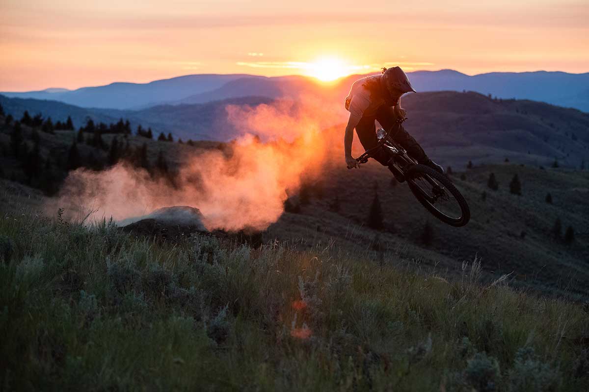 mtb rider whips new stumpy trail bike sunset dust roost