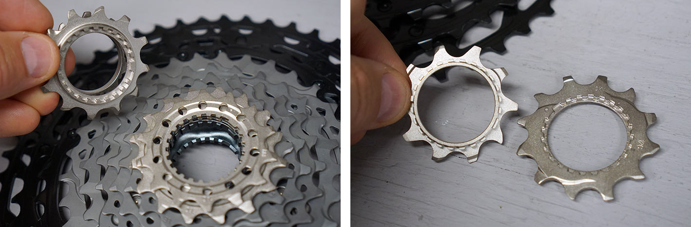 close up showing how smallest two cogs on shimano 12 speed mountain bike cassettes connect on the microspline freehub body