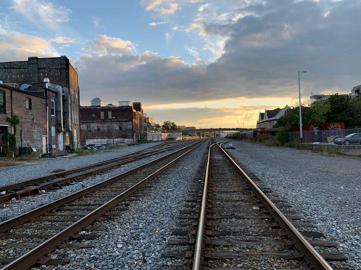 sunset over railroad tracks in downtown knoxville tennessee