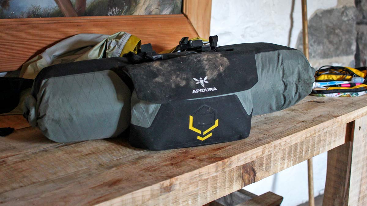 Apidura Backcountry bikepacking bags, updated lightweight waterproof off-road MTB adventure bike packs, bar bag