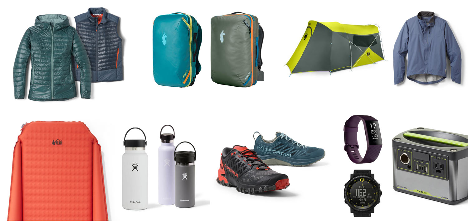 collage of outdoor equipment on sale from REI for cyber monday 2020