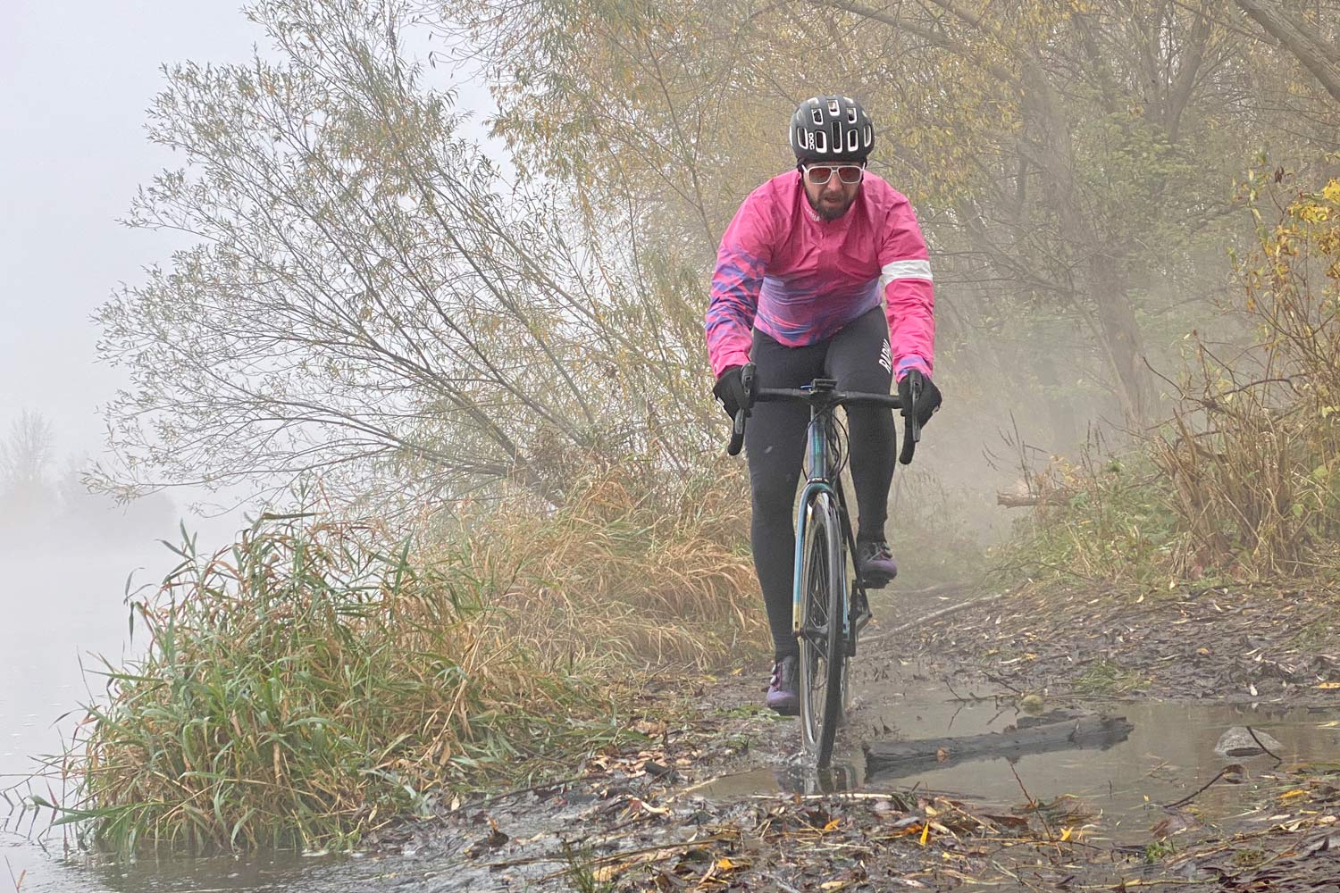 Exclusive Review: Rapha Pro Team Lightweight Gore-Tex Jacket printed in pink Technicolor, extra full color Shakedry visibility, misty morning rides