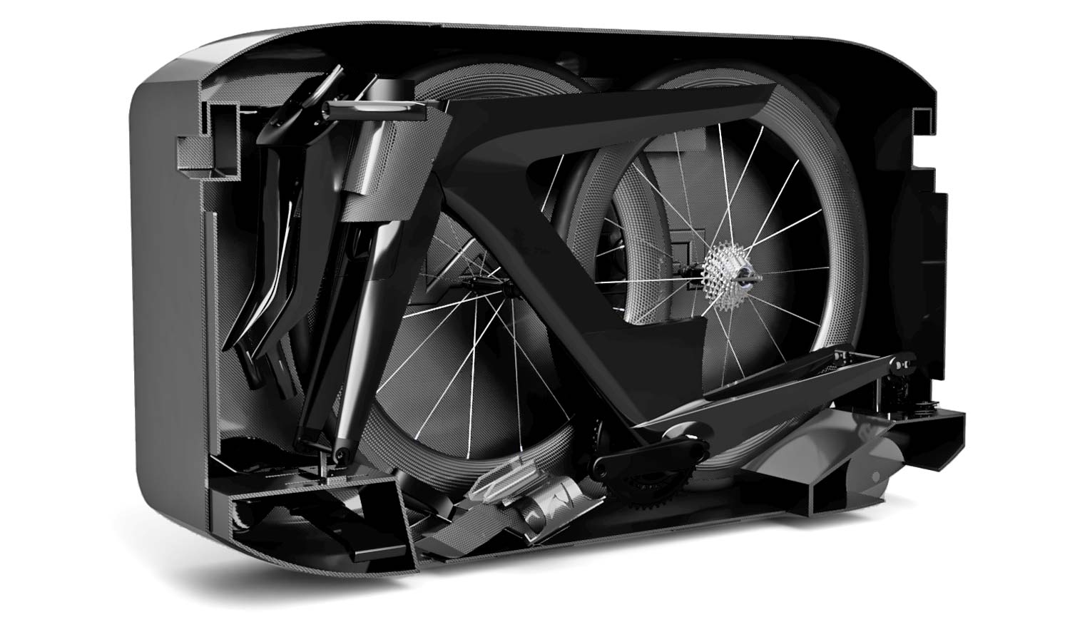 Reap Vulcan tri bike, UK-made carbon rim-brake triathlon beam bike, carbon travel case inside