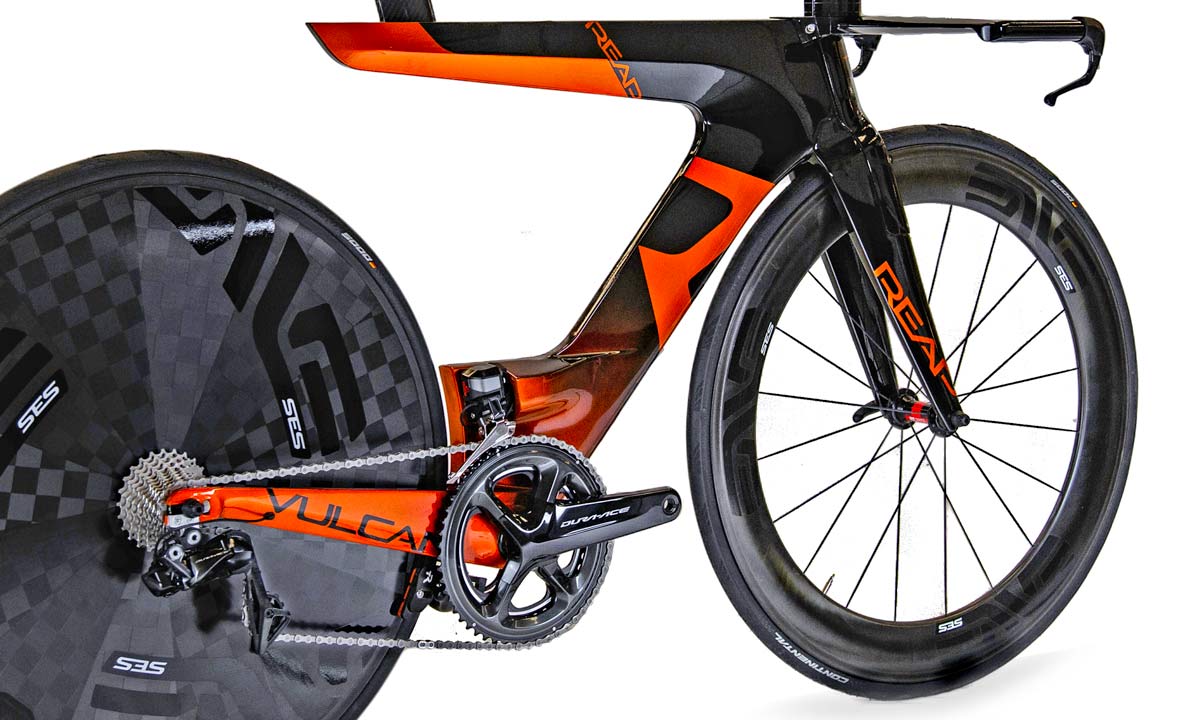 Reap Vulcan tri bike, UK-made carbon rim-brake triathlon beam bike, rear end detail