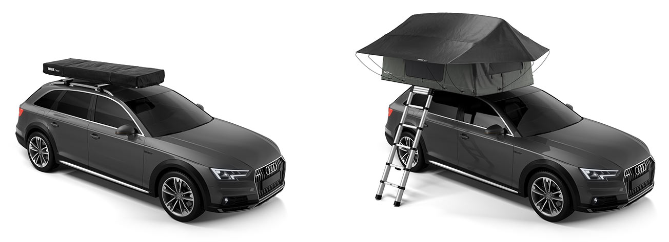 thule tepui vehicle roof tent for two people shown open and closed
