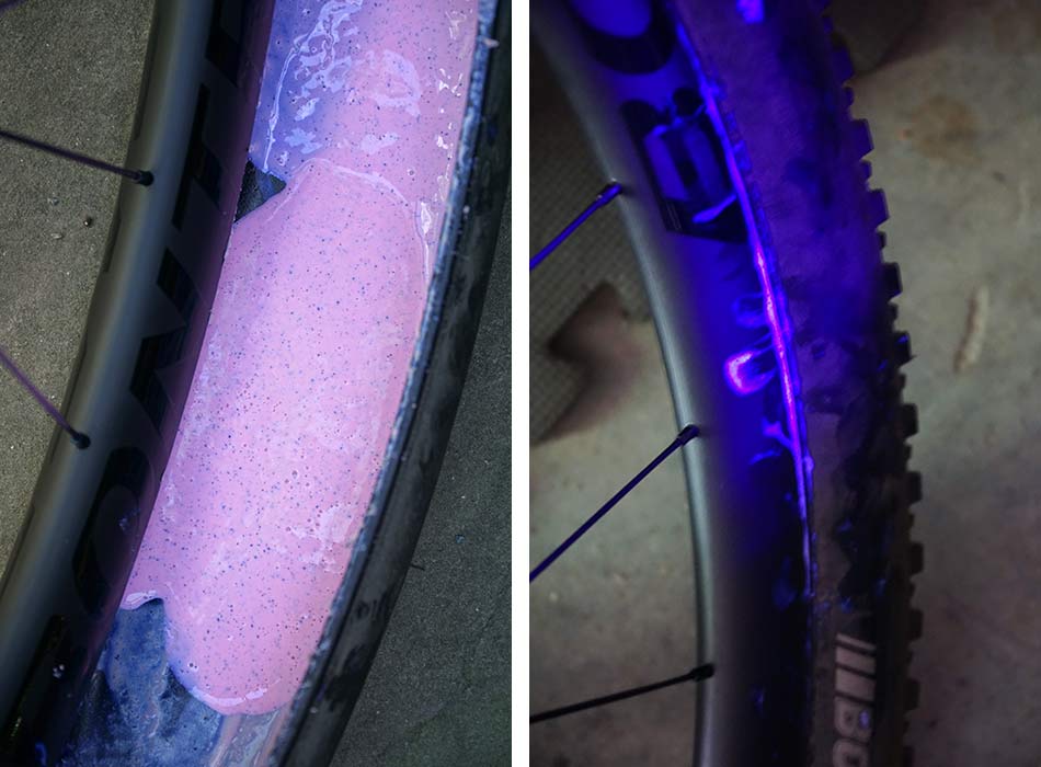 muc-off no puncture tubeless tire sealant review closeup photos with UV light showing leaks