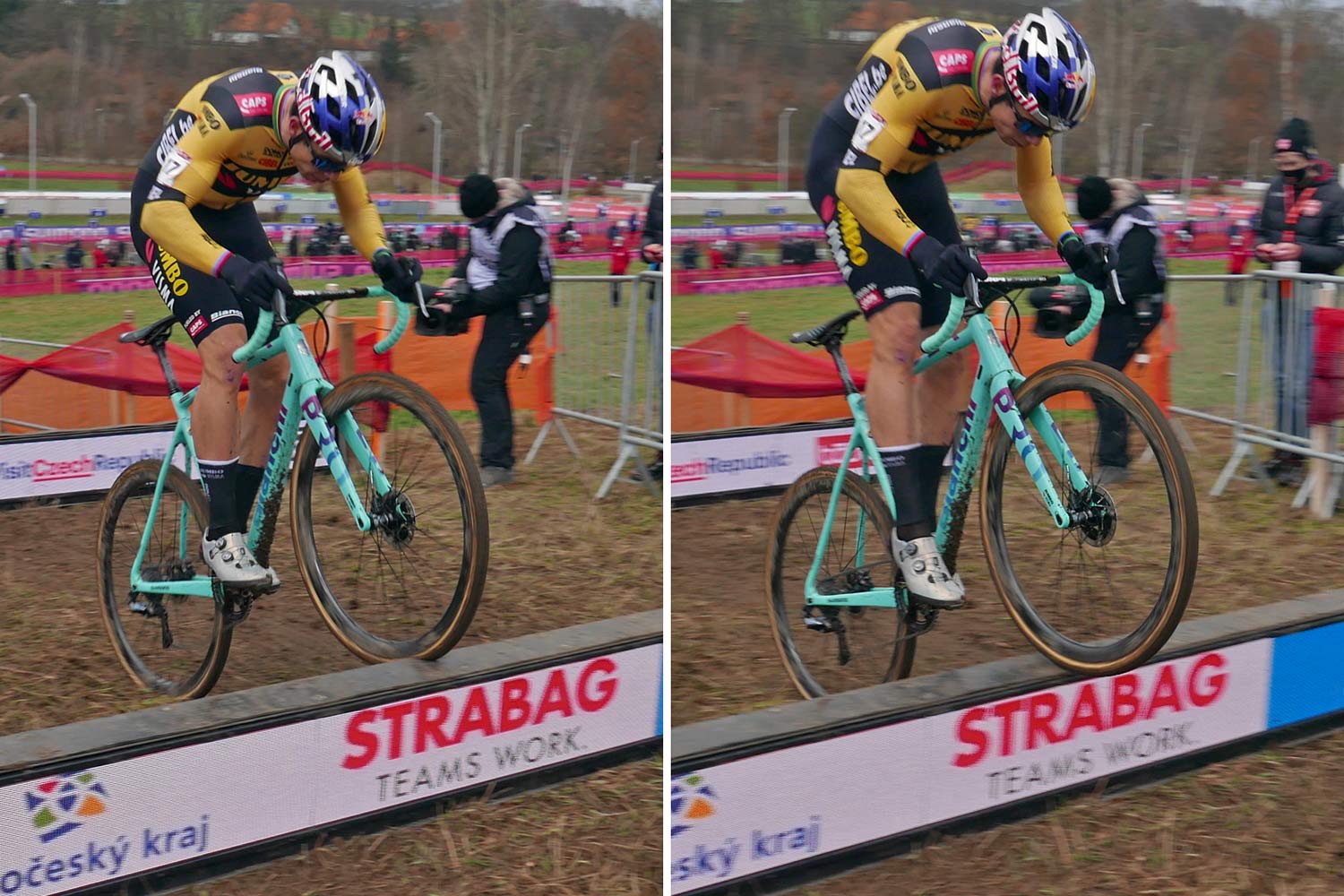 CX Pro Bike Check: Bianchi Zolder Pro carbon cyclocross bike, Wout van Aert at UCI Cyclo-Cross World Cup Tabor, bunny hopping barriers