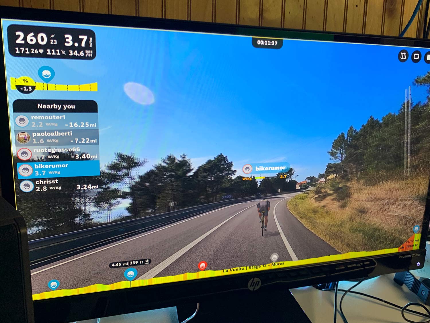 rouvy indoor virtual cycling training app screenshot showing rider stats and position