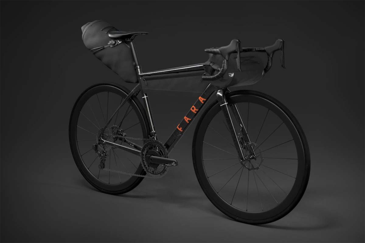 Fara F-AR all-road bike, carbon ultra-endurance all-road and gravel bike with integrated bikepacking bags angled