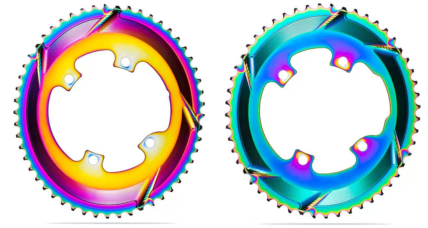 absoluteBLACK Oval PVD rainbow road rings, colorful oil slick road bike Shimano double chainrings, color variation
