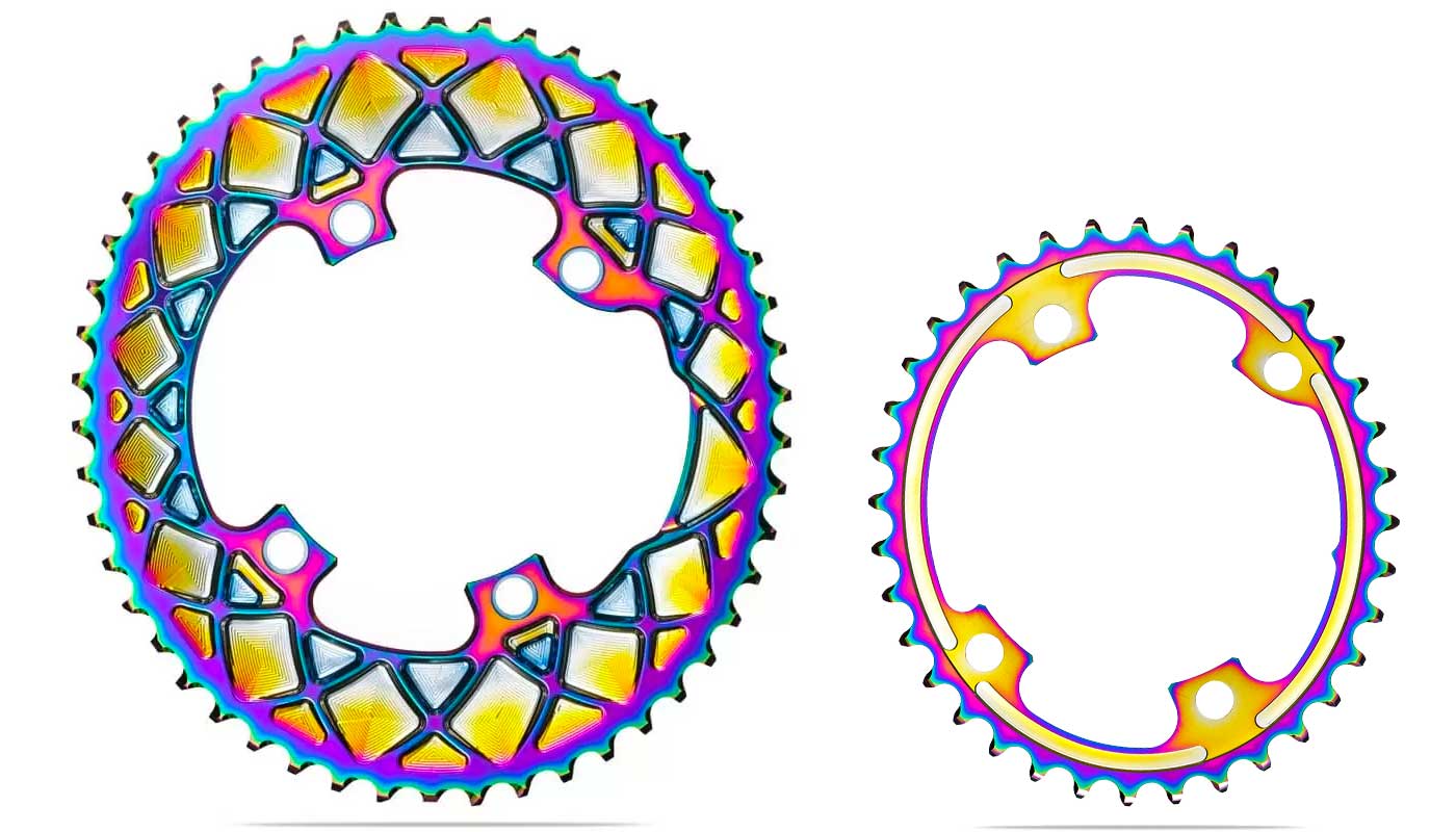 absoluteBLACK Oval PVD rainbow road rings, colorful oil slick road bike Shimano double chainrings, set
