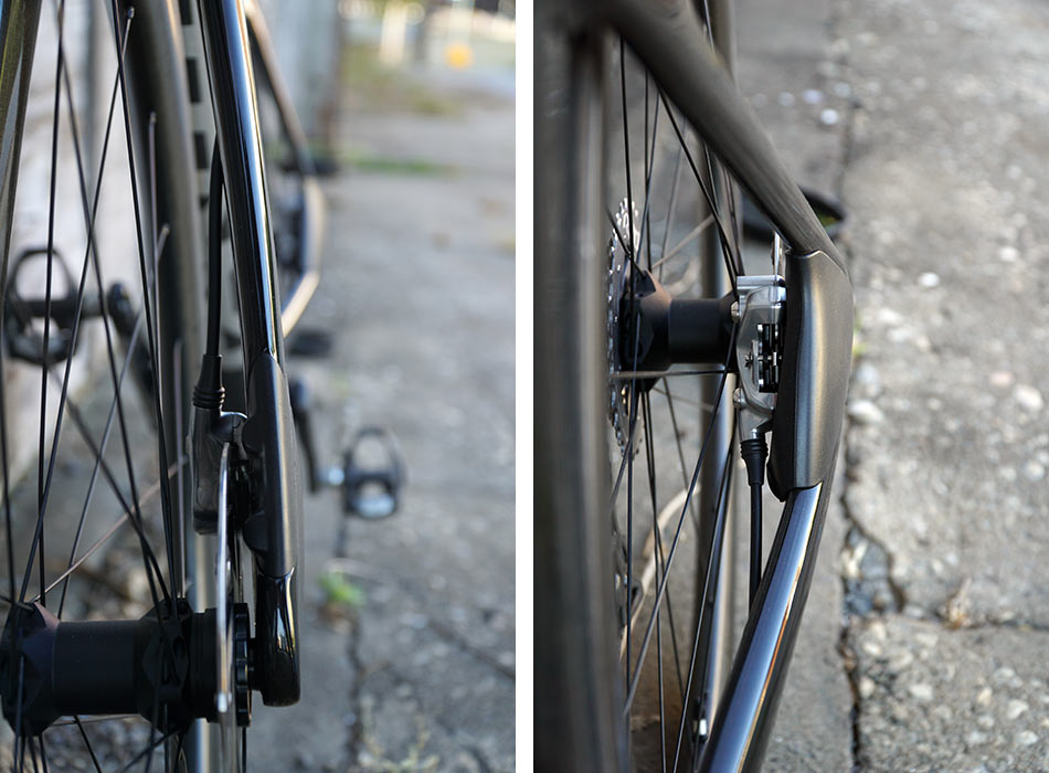 review of parlee rz7 aero road bike with bike showing closeup details of carbon fiber brake covers