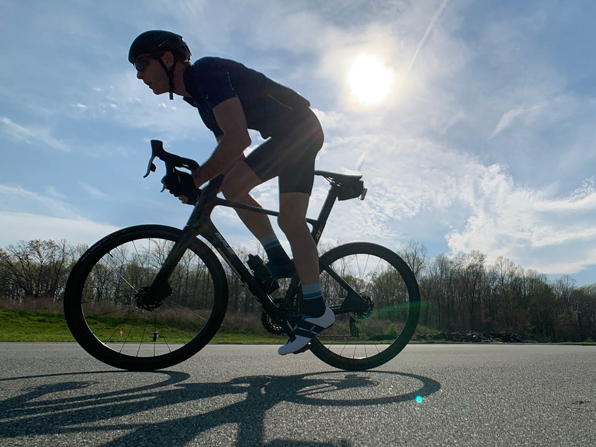 riding action on the parlee rz7 aero road bike