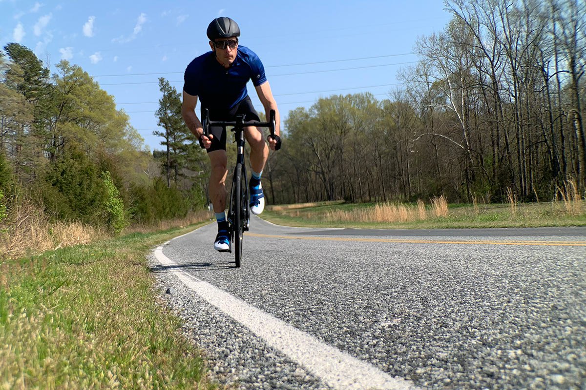 riding action on the parlee rz7 aero road bike