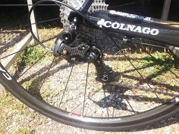 prototype Campagnolo Super Record road bike drivetrain group spotted on Colnago bikes at 2014 Giro d-Italia