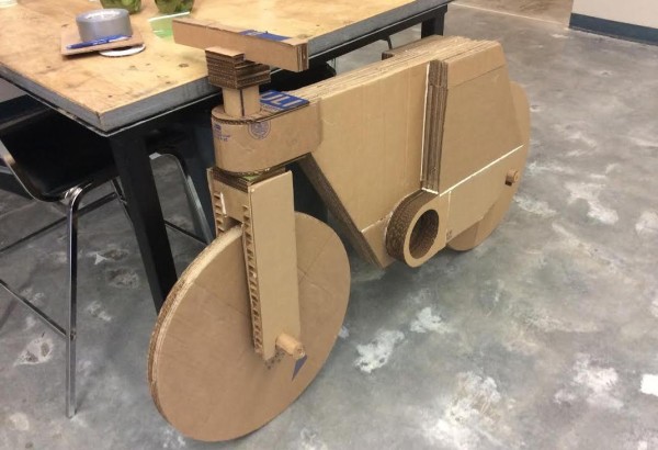 Cardboard bike with 3D printed parts, angle