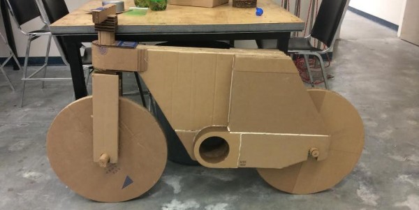 Cardboard bike with 3D printed parts, side