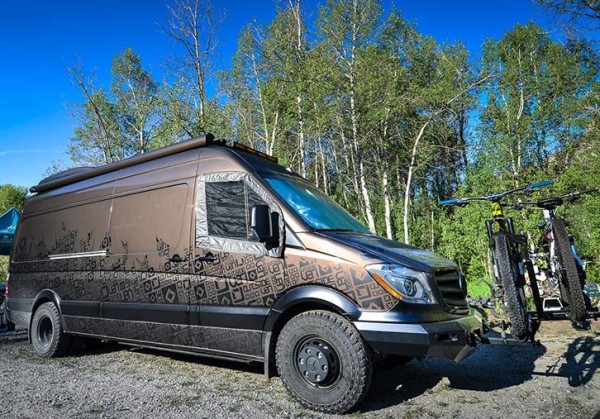 Outside Van Brown Pow custom camper gear hauler mercedes sprinter 4x4 van