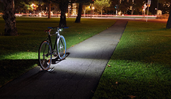 Ding bike light, lit on bicycle
