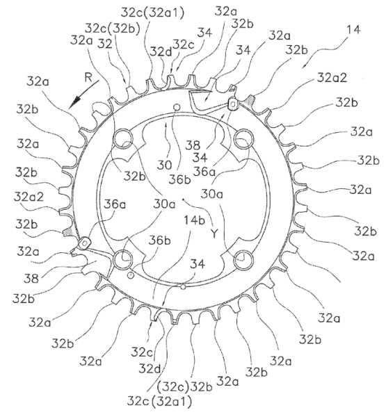 patent application drawings for Shimano shiftable narrow-wide double chainrings