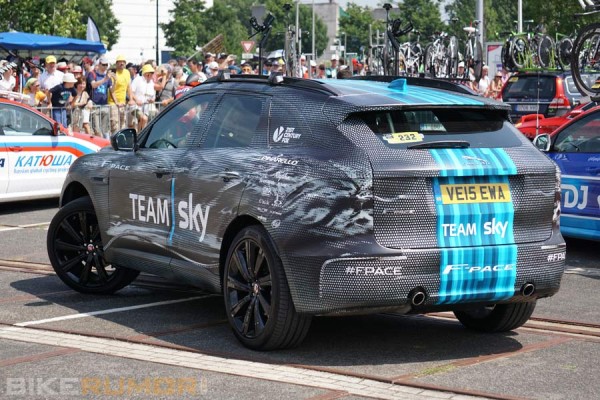 Jaguar F-Pace SUV crossover spy shots as Team Sky support vehicle