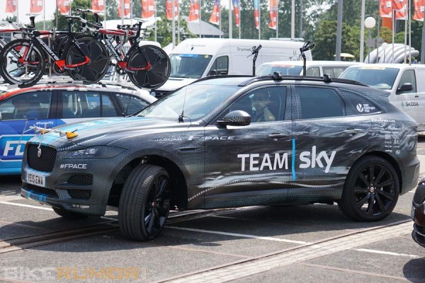 Jaguar F-Pace SUV crossover spy shots as Team Sky support vehicle