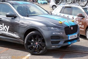 Jaguar F-Pace SUV crossover spy shots as Team Sky support vehicle
