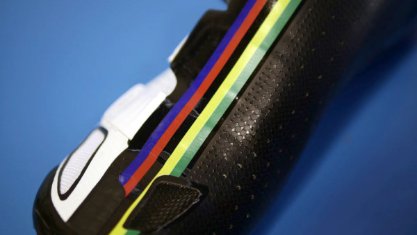 custom rainbow stripe shimano R321 road shoes for UCI ITT individual time trial world champion Vasil Kiryienka