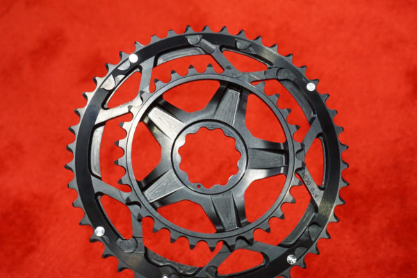 Closeup look at Rotor's one-piece 46/30 Spidering double chainring
