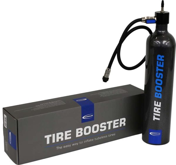 Schwalbe Tire Booster high pressure refillable air cylinder to make tubeless tire mounting easier and quicker