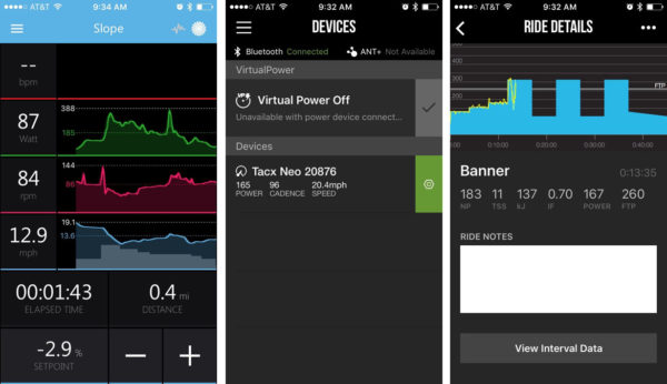 Tacx NEO Smart indoor cycling trainer app screenshots with TrainerRoad