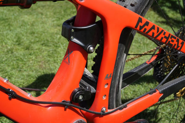 Spot Brand Mayhem 29er trail mountain bike with Living Link carbon fiber leaf spring suspension